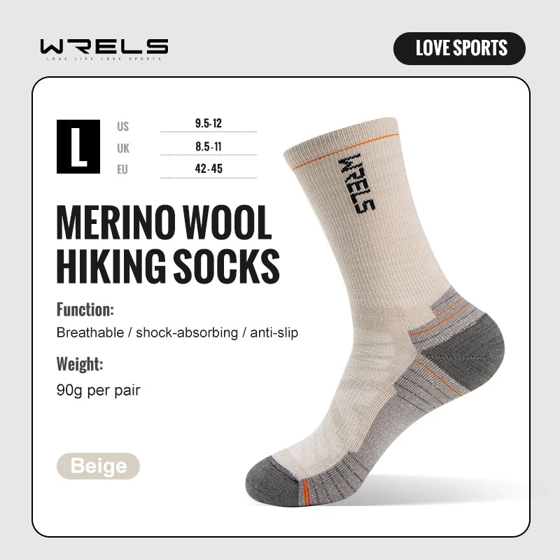 Chaussettes en laine mérinos WRELS pour la randonnée et la course à pied. Douces, légères, amortissantes, mi-mollet, respirantes, idéales pour le cyclisme.