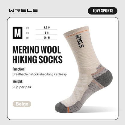 Chaussettes en laine mérinos WRELS pour la randonnée et la course à pied. Douces, légères, amortissantes, mi-mollet, respirantes, idéales pour le cyclisme.
