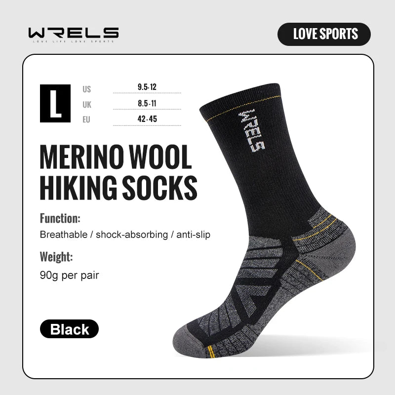 Chaussettes en laine mérinos WRELS pour la randonnée et la course à pied. Douces, légères, amortissantes, mi-mollet, respirantes, idéales pour le cyclisme.